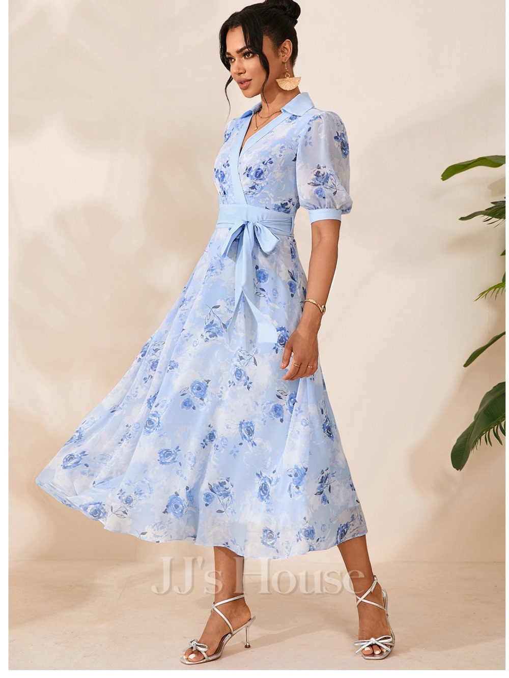 JJs House Baby Blue Floral Wrap Midi Dress with Puff Sleeves